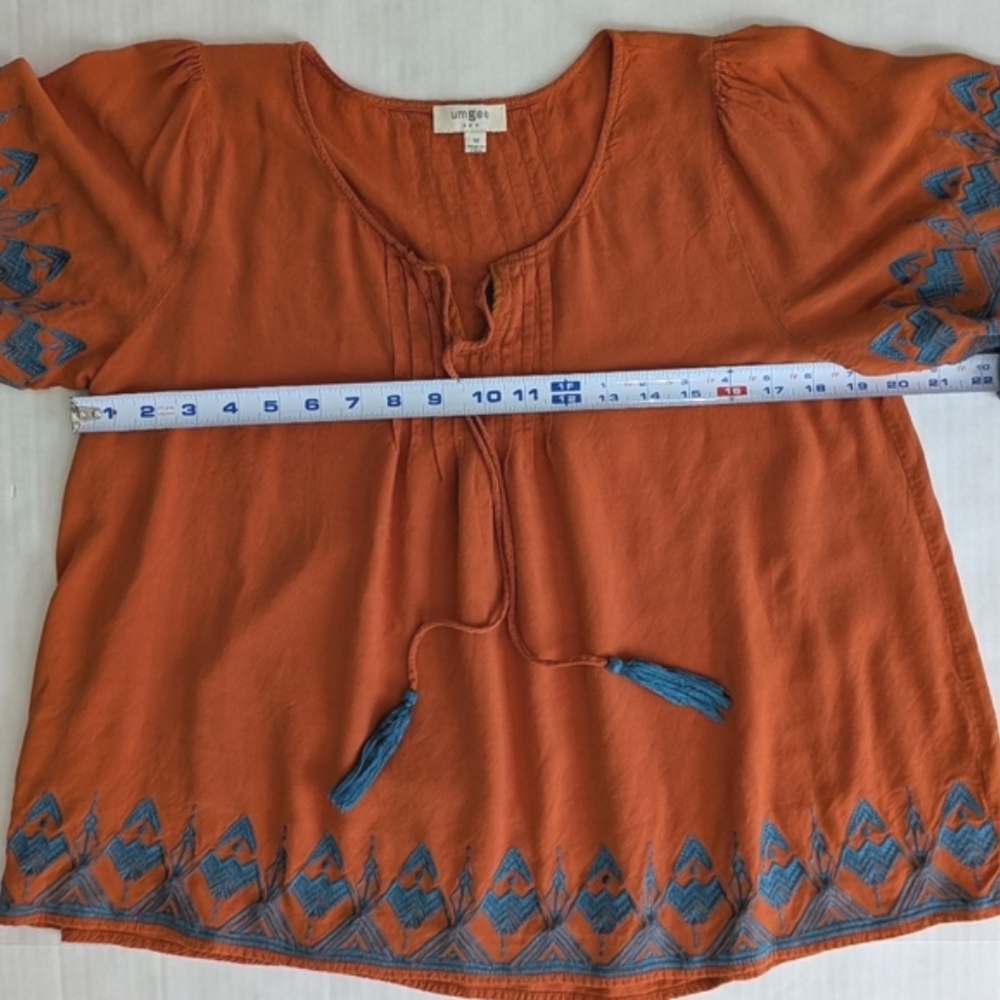 Umgee Burnt Orange and Blue Embroidery Boho Shirt - Picture 4 of 13